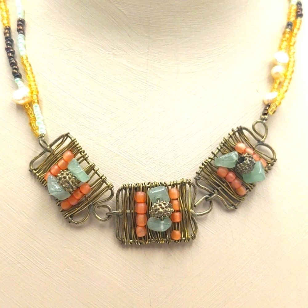Boho Natural Pearls,  Glass Beads & Wire Wrapped Accent Necklace